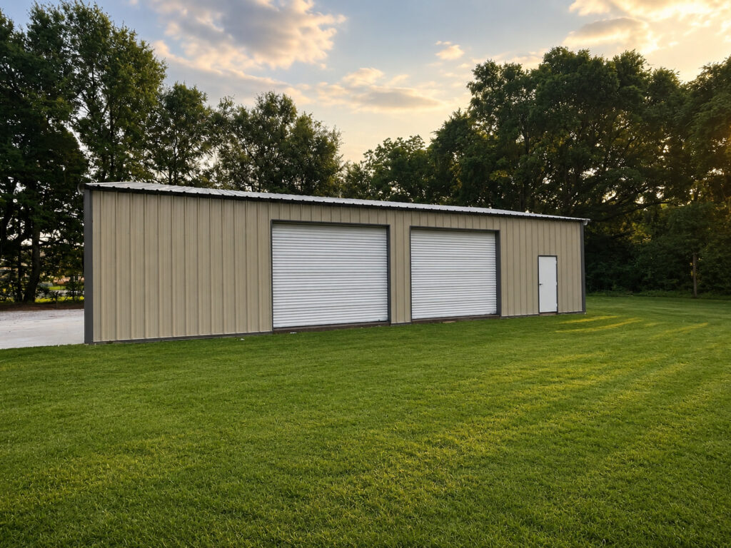 Steel-framed garage, beige in color, with 2 large bay doors, and a standard entry door