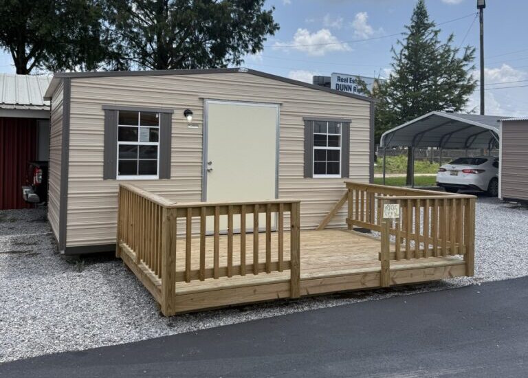 10x16 aluminum workshop with Beige siding and Burnished Slate trim with a Gable roof and optional porch