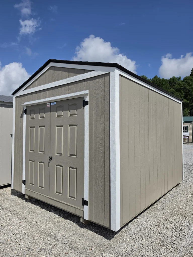 10X12 Shed with Clay siding and White trim and a roof