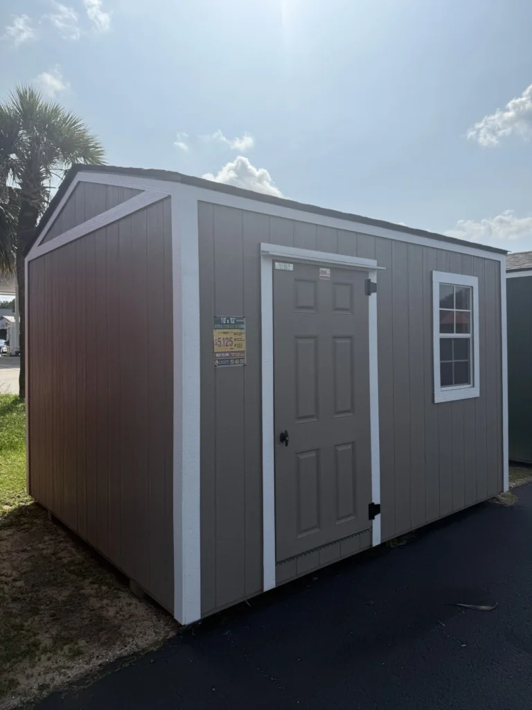 10X12 Shed with Clay siding and White trim and a roof