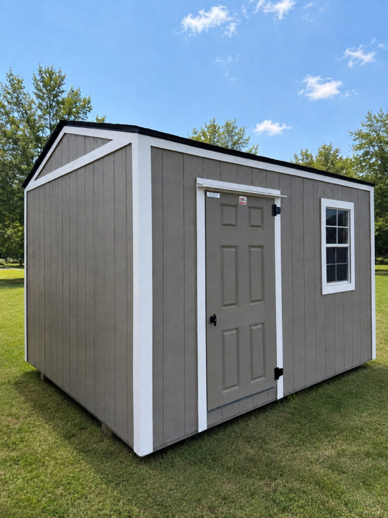 10X12 Shed with Clay siding and White trim and a roof
