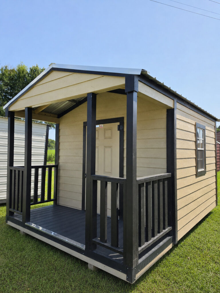 10X14 Shed with Tan siding and Black trim and a roof