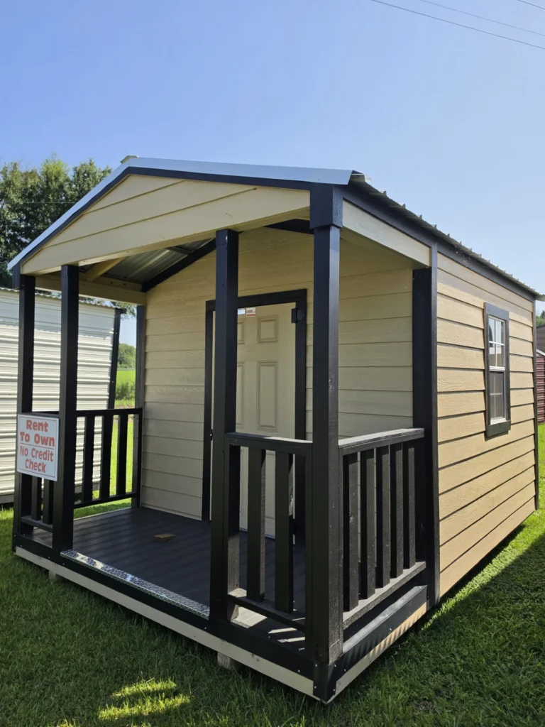 10X14 Shed with Tan siding and Black trim and a roof