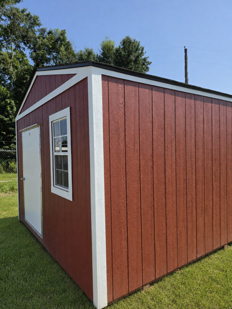 10X12 Shed with Barn Red siding and White trim and a roof