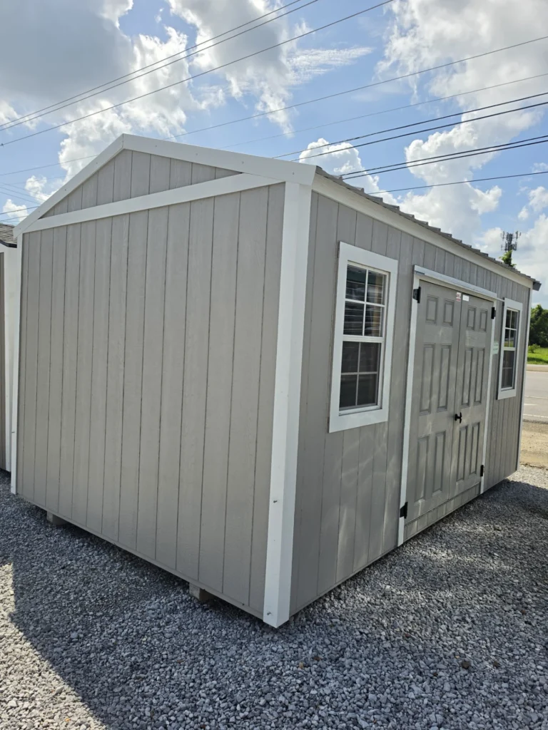 10X16 Shed with Ash Grey siding and White trim and a roof