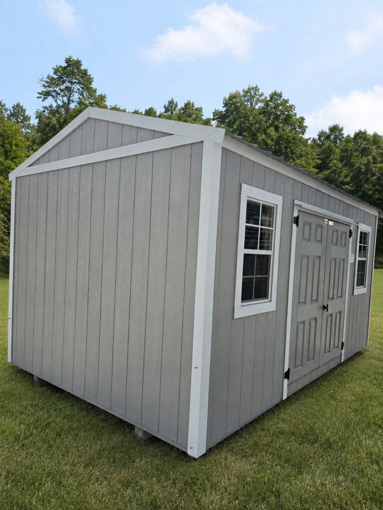 10X16 Shed with Ash Grey siding and White trim and a roof