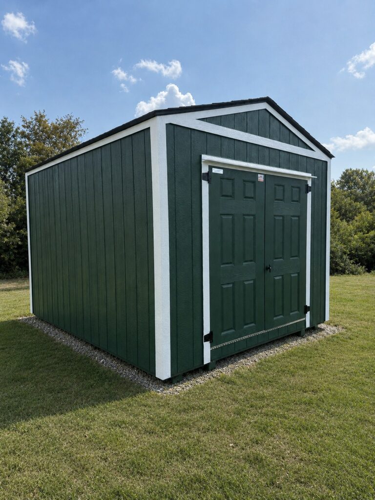 10X12 Shed with Hunter Green siding and White trim and a roof