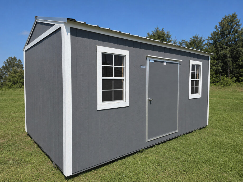 10X16 Shed with Charcoal siding and White trim and a roof