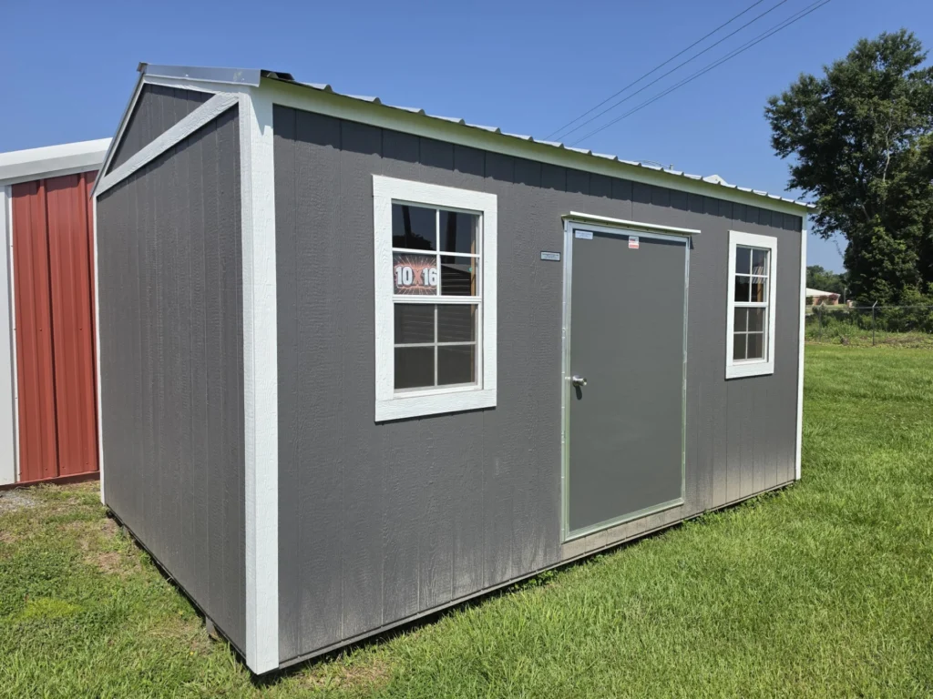 10X16 Shed with Charcoal siding and White trim and a roof