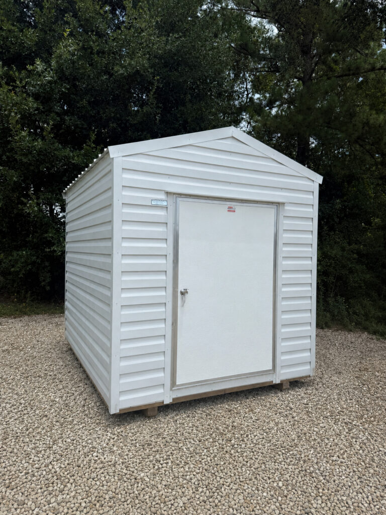 8X10 Shed with White siding and White trim and a roof