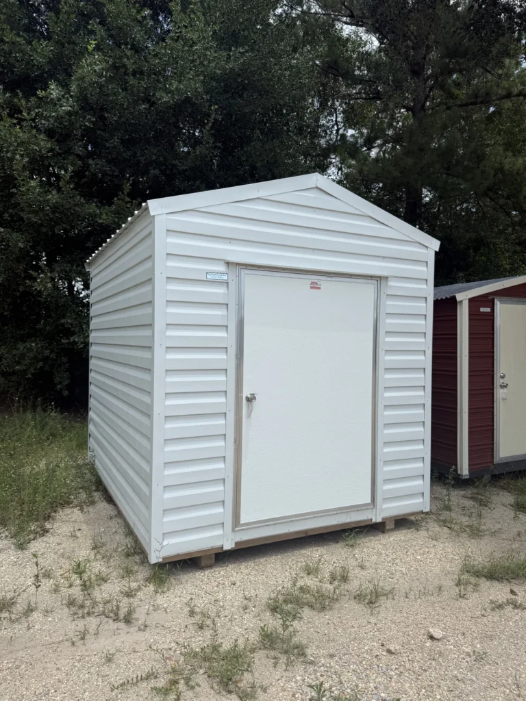 8X10 Shed with White siding and White trim and a roof