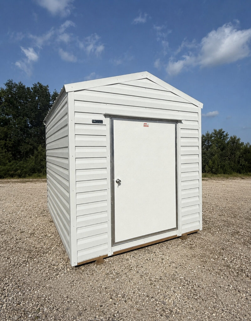 8X10 Shed with White siding and White trim and a roof