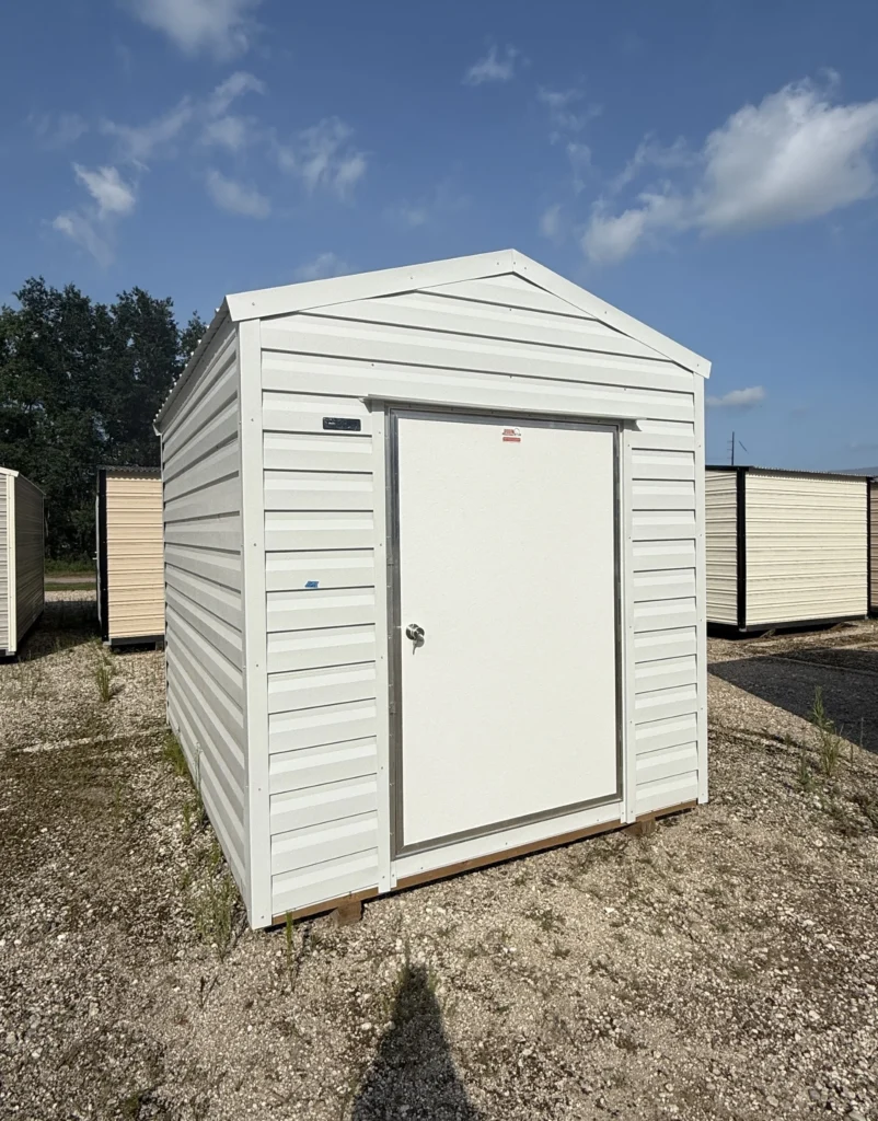 8X10 Shed with White siding and White trim and a roof