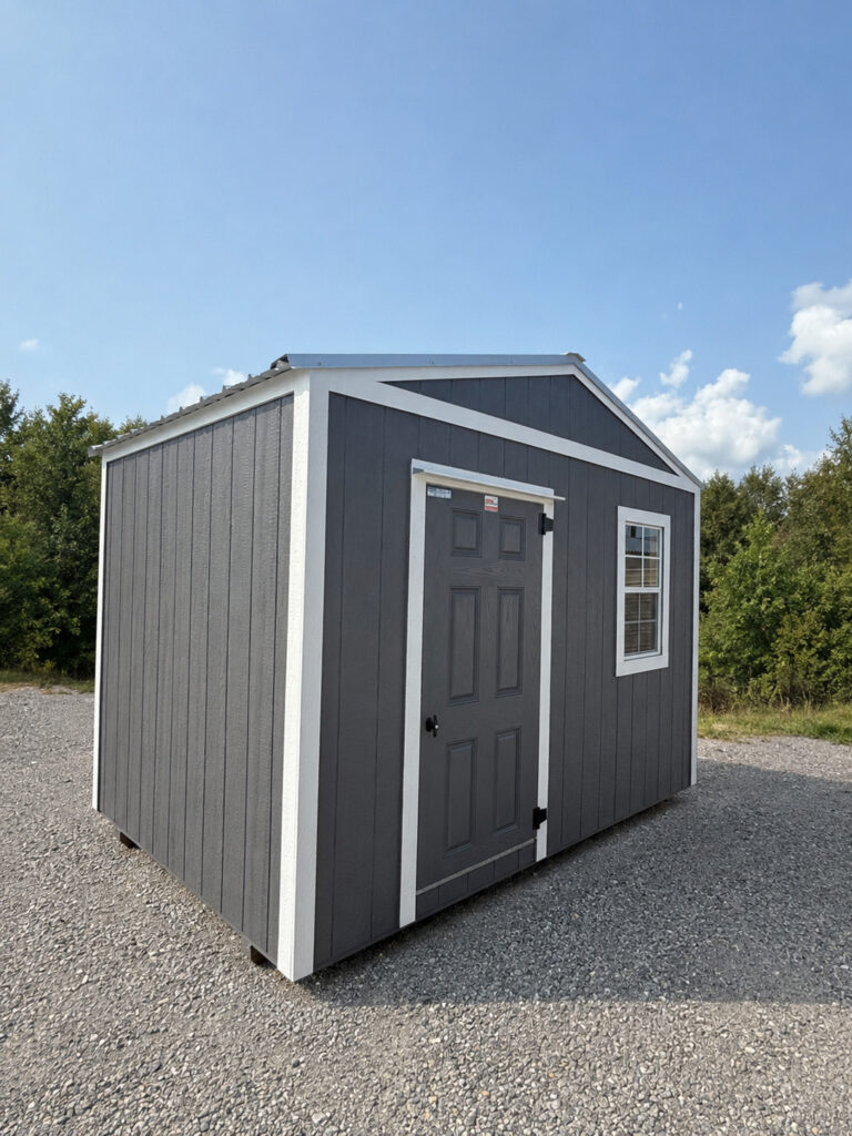 8X12 Shed with Charcoal siding and White trim and a roof