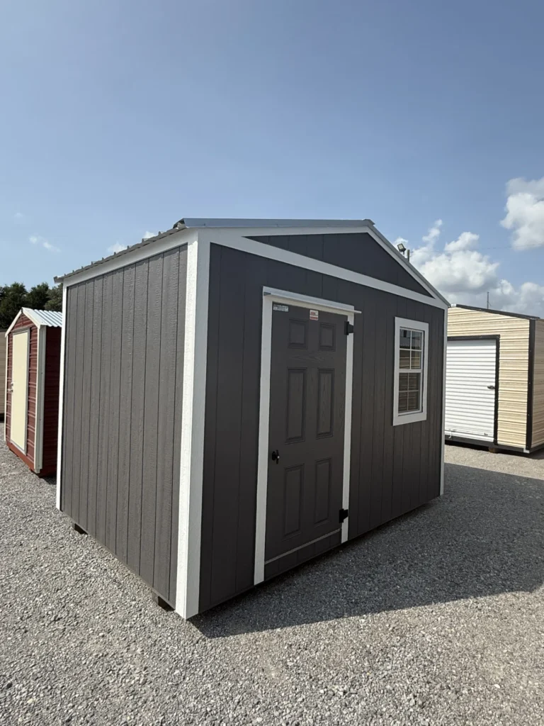 8X12 Shed with Charcoal siding and White trim and a roof