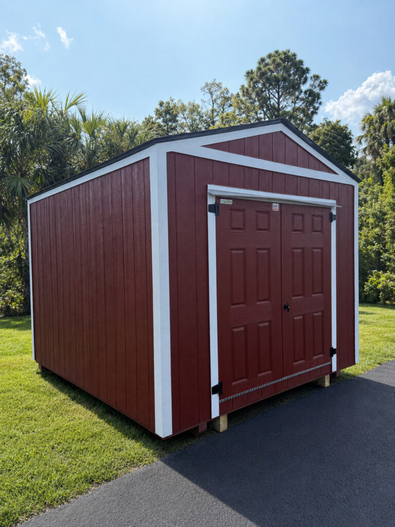 10X12 Shed with Barn Red siding and White trim and a roof