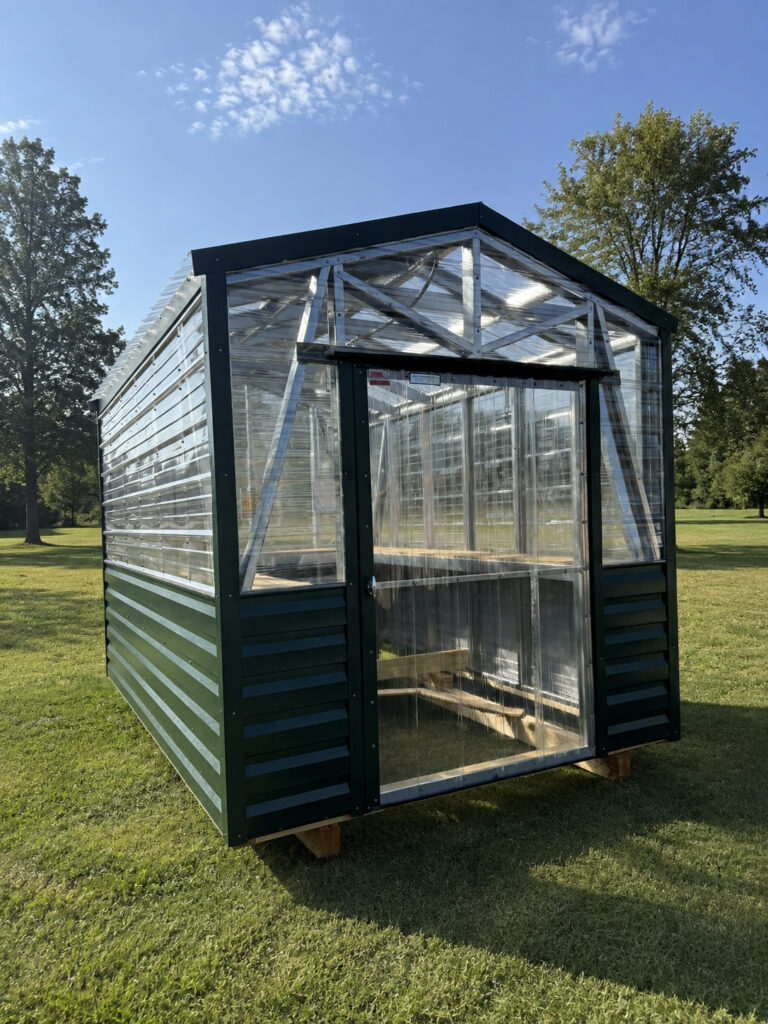 8X12 Greenhouse with siding and trim and a Greenhouse roof