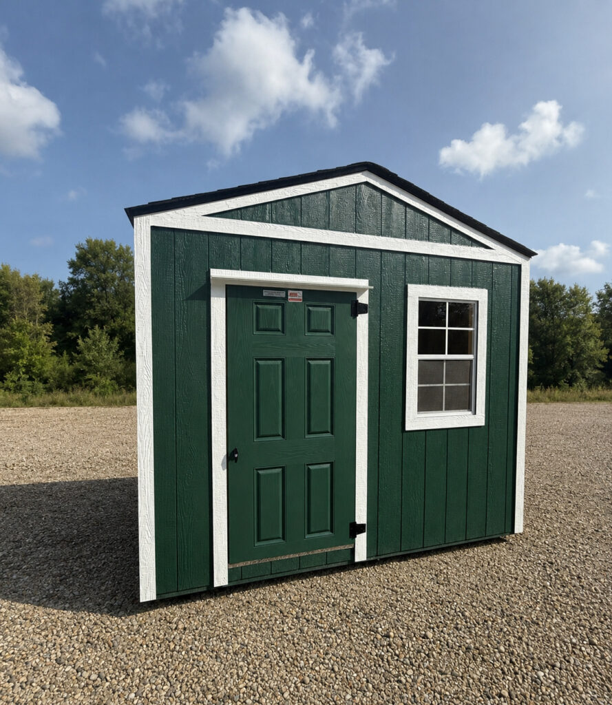8x10 Shed with Hunter Green siding and White trim and a roof