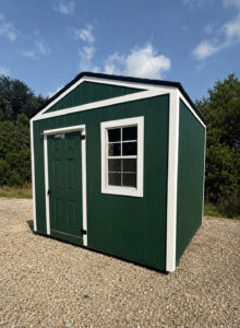 8x10 Shed with Hunter Green siding and White trim and a roof