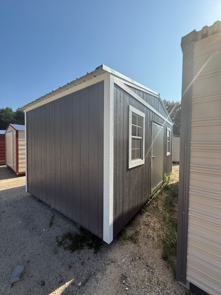 10X16 Shed with Charcoal siding and White trim and a roof