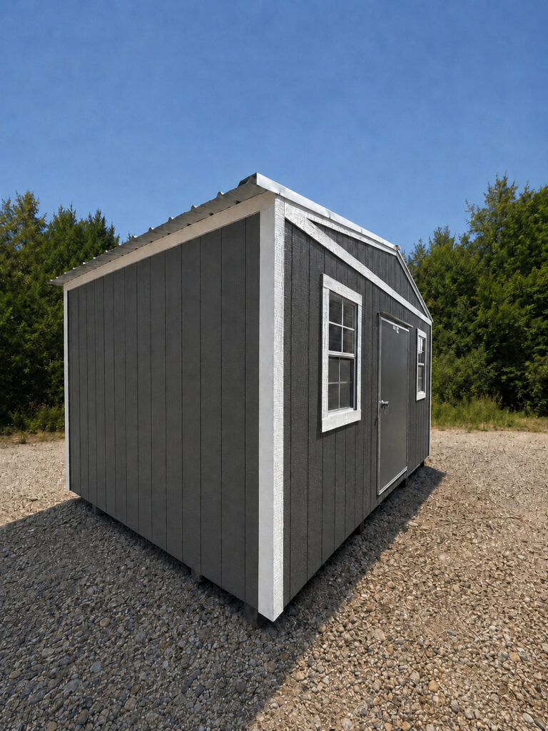 10X16 Shed with Charcoal siding and White trim and a roof