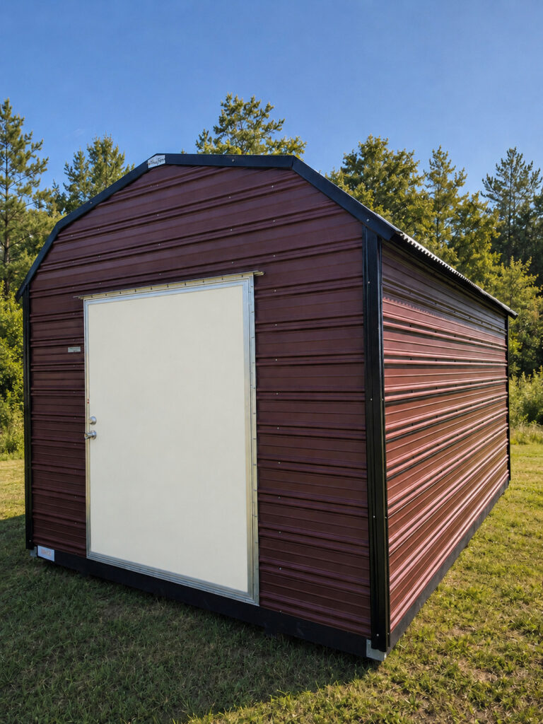 10X16 Shed with Rustic Red siding and Black trim and a Barn roof