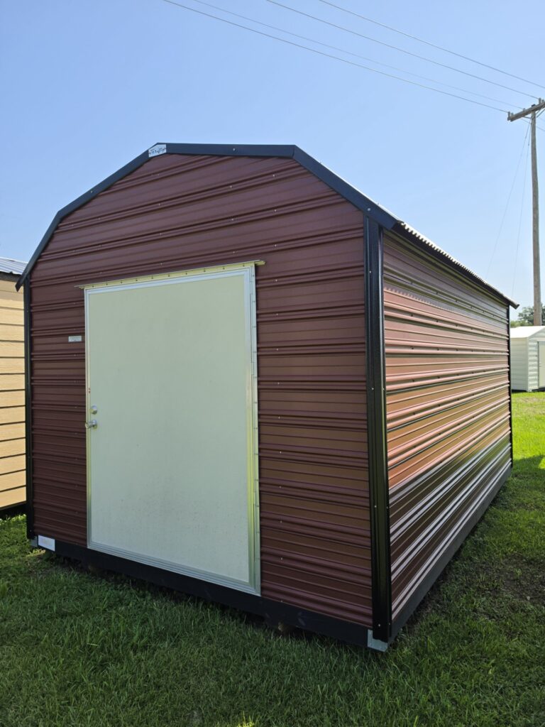 10X16 Shed with Rustic Red siding and Black trim and a Barn roof