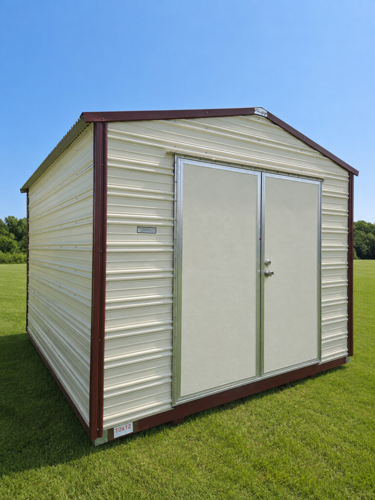 10X12 Shed with Colonial White siding and Rustic Red trim and a Gable roof