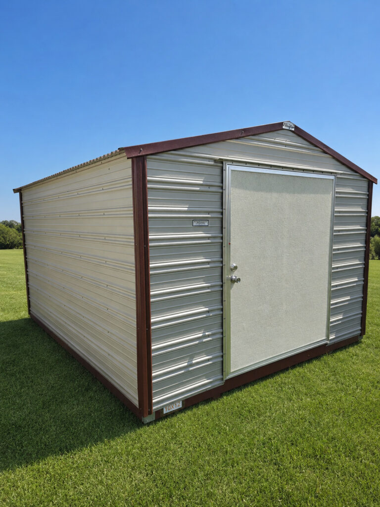 10X12 Workshop with Ash Grey siding and Rustic Red trim and a Gable roof