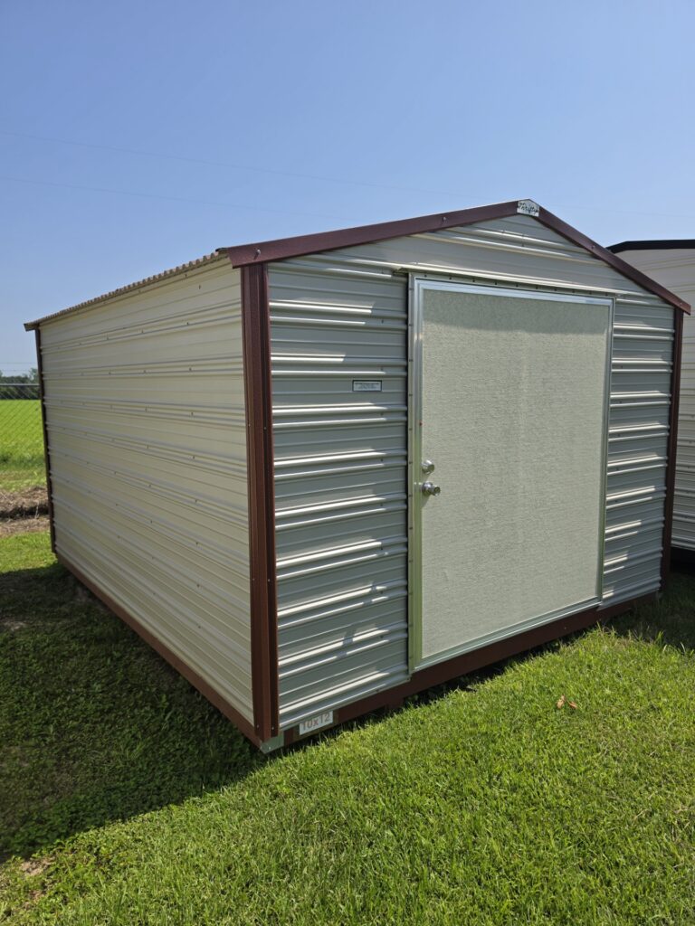 10X12 Workshop with Ash Grey siding and Rustic Red trim and a Gable roof