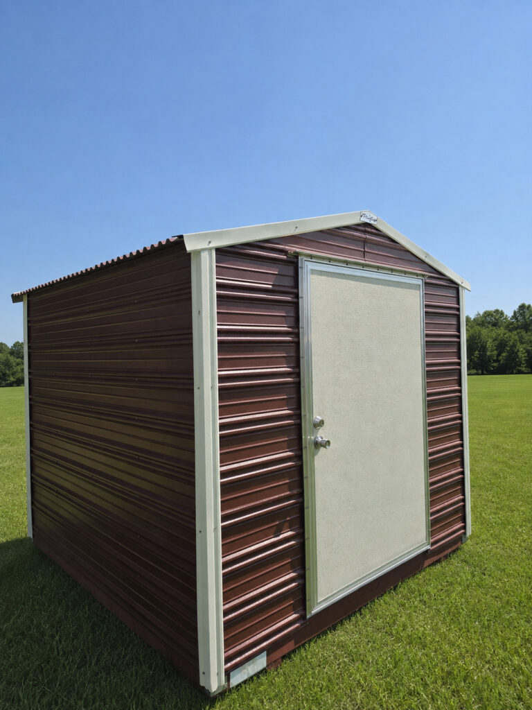 8X8 Shed with Rustic Red siding and Colonial White trim and a Gable roof