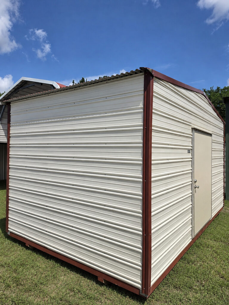 10X16 Shed with Colonial White siding and Rustic Red trim and a Standard roof