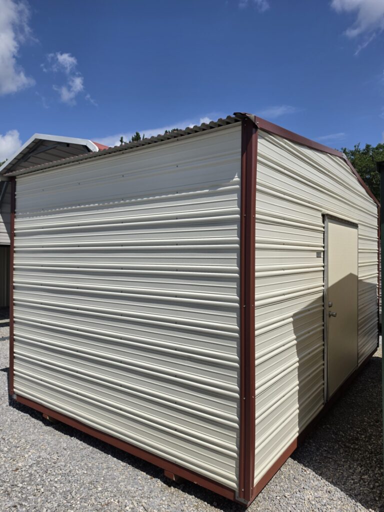 10X16 Shed with Colonial White siding and Rustic Red trim and a Standard roof
