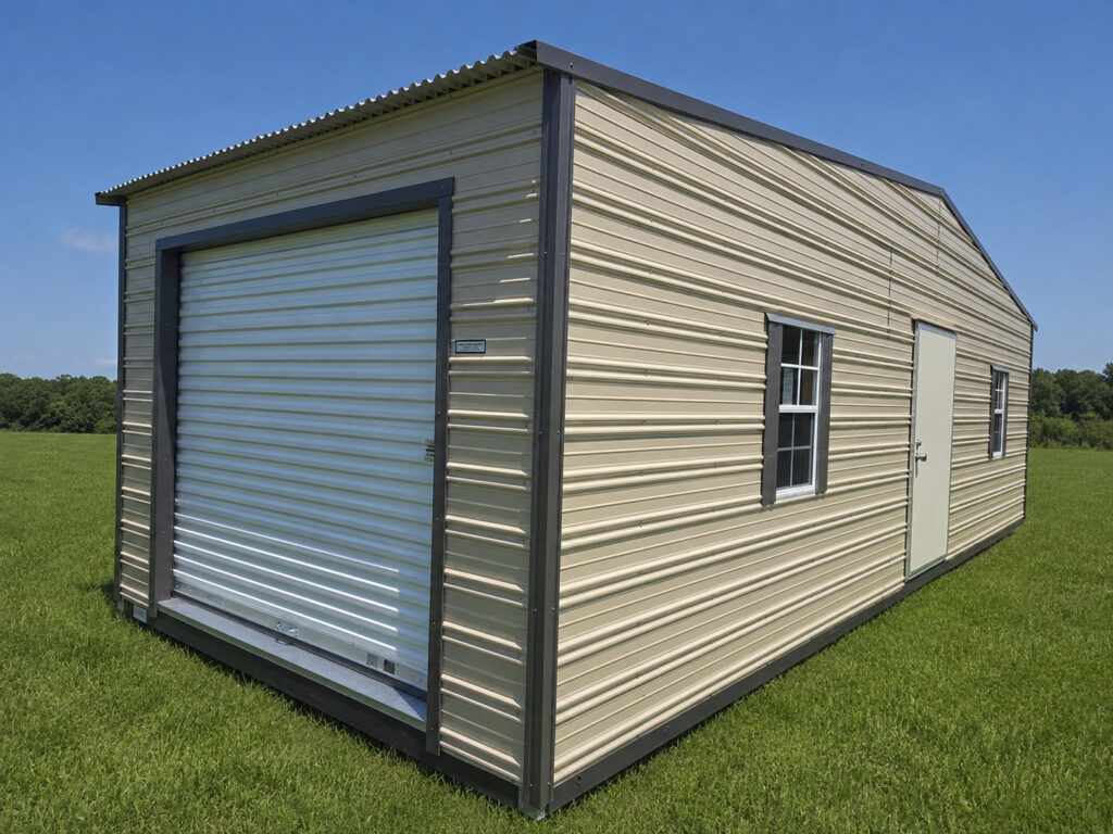 12X32 Shed with Beige siding and Burnished Slate trim and a Standard roof