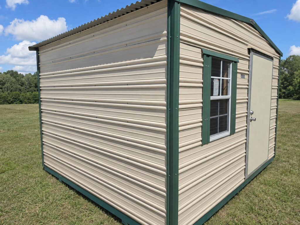 10X12 Shed with Beige siding and Evergreen trim and a Standard roof