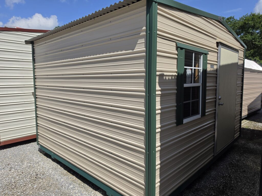 10X12 Shed with Beige siding and Evergreen trim and a Standard roof