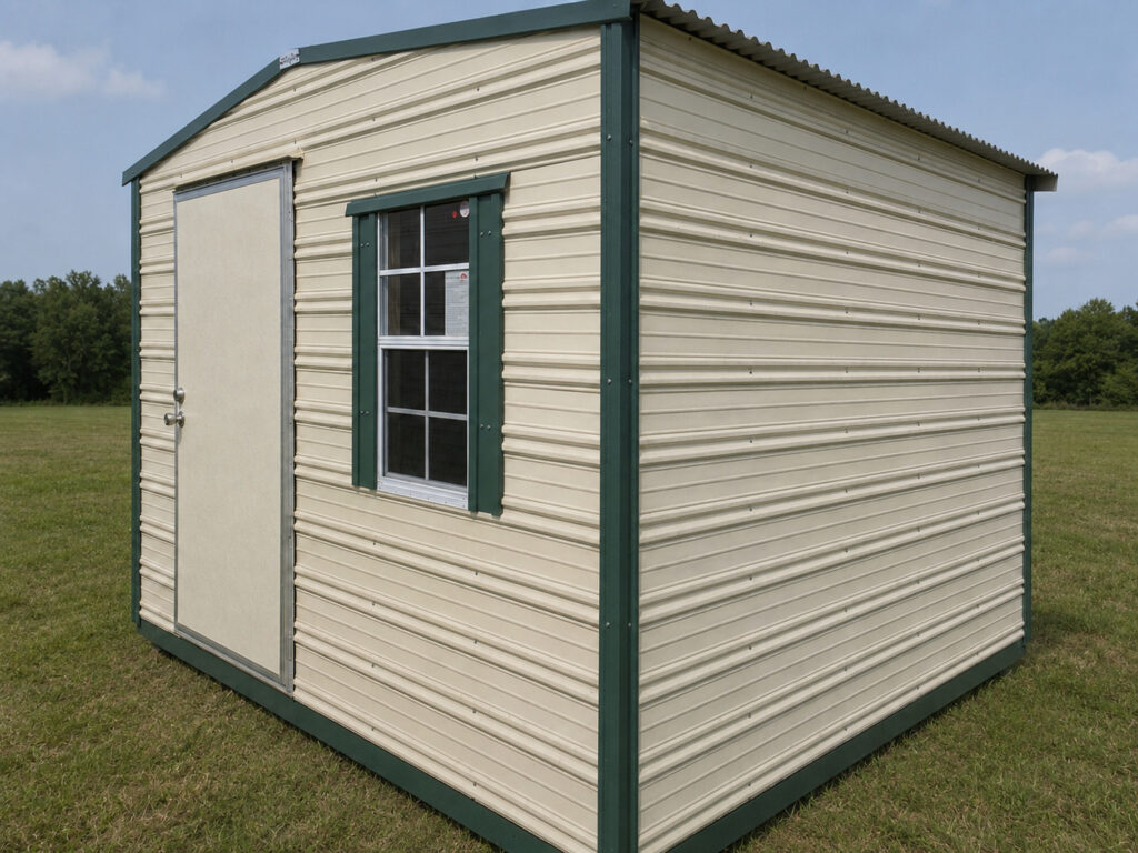 10X12 Workshop with Colonial White siding and Evergreen trim and a Standard roof
