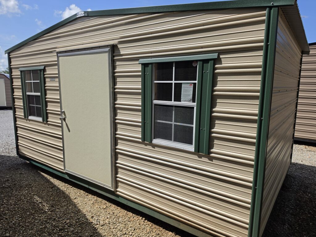 10X16 Shed with Beige siding and Evergreen trim and a Standard roof