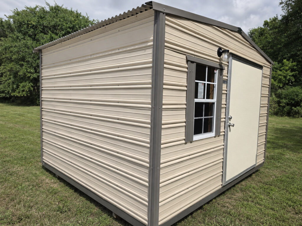 10X12 Shed with Beige siding and Burnished Slate trim and a Standard roof