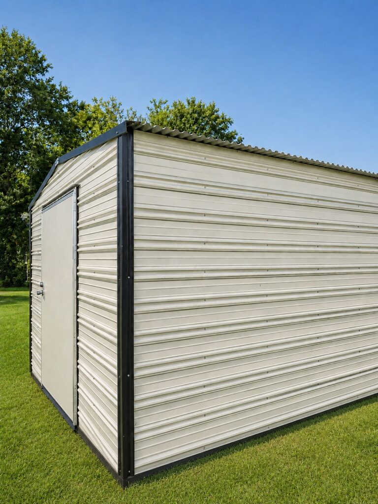 10X12 Shed with Colonial White siding and Black trim and a Standard roof