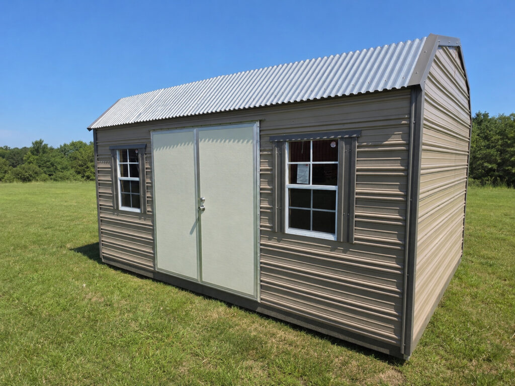 12X16 Shed with Oak siding and Burnished Slate trim and a Barn roof
