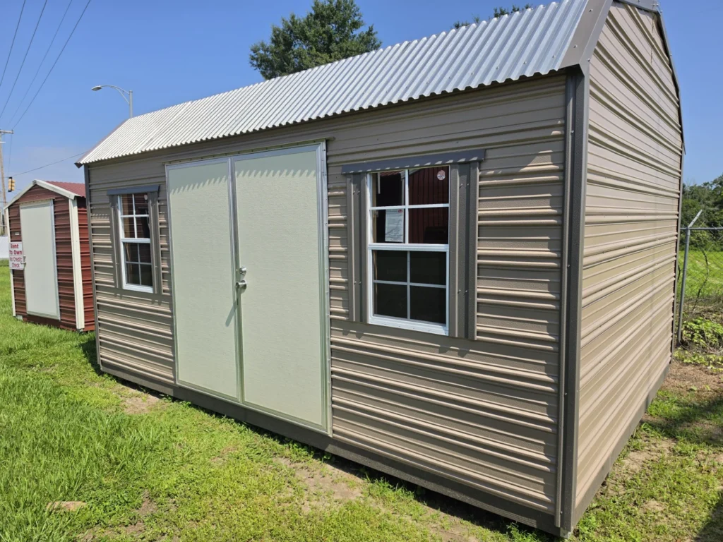 12X16 Shed with Oak siding and Burnished Slate trim and a Barn roof