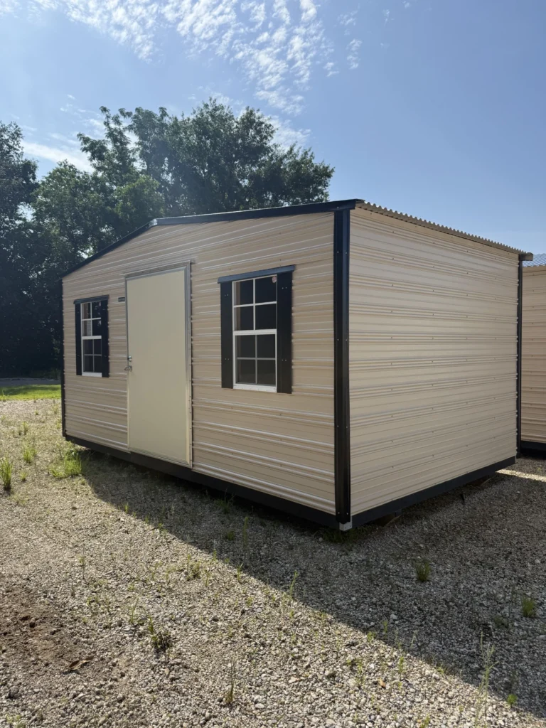 10X16 Shed with Beige siding and Black trim and a Standard roof