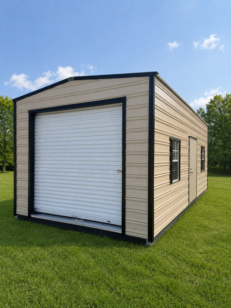 12X24 Shed with Beige siding and Black trim and a Gable roof