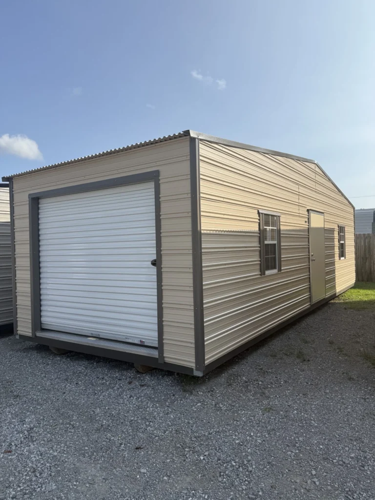 12X32 Shed with Beige siding and Burnished Slate trim and a Standard roof