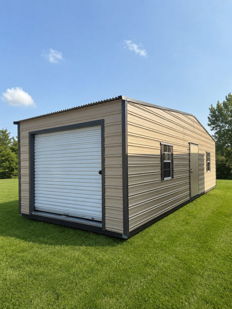 12X32 Shed with Beige siding and Burnished Slate trim and a Standard roof