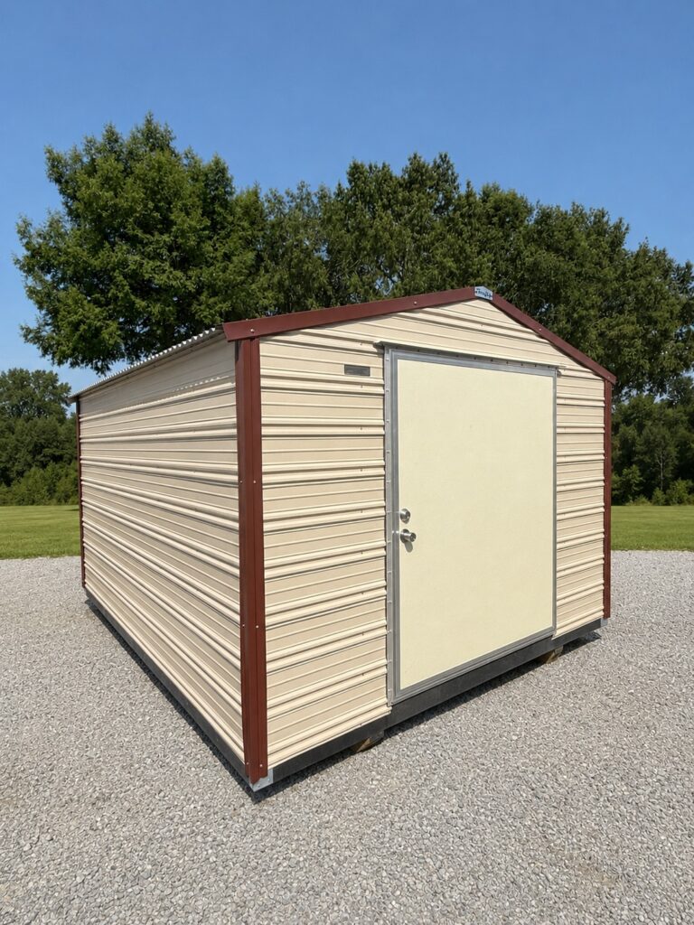 10X12 Shed with Beige siding and Rustic Red trim and a Gable roof