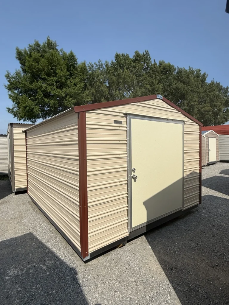10X12 Shed with Beige siding and Rustic Red trim and a Gable roof
