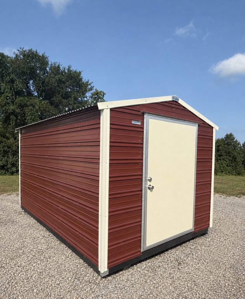 8X12 Shed with Rustic Red siding and Colonial White trim and a Gable roof