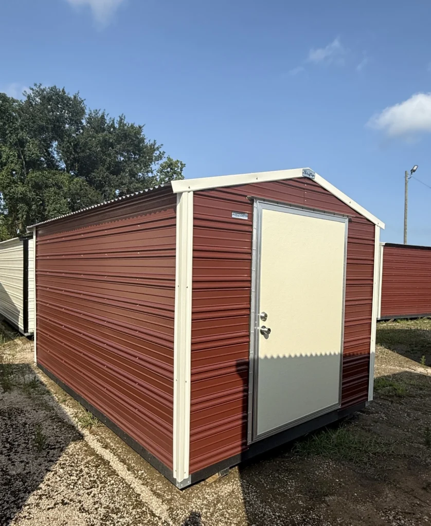 8X12 Shed with Rustic Red siding and Colonial White trim and a Gable roof